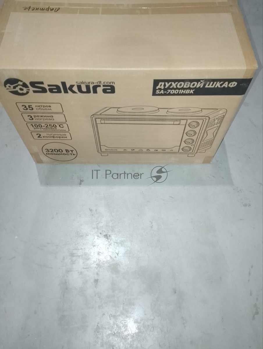 Мини-печь Sakura SA-7001HBK 35л, 3200Вт, духовка 1600Вт, конфорки 185мм+155мм (1000Вт+600Вт), механ.управление, 3 режима работы духовки (верх, низ, верх+низ), раздельная регулировка температуры духовки и конфорок, комплектация - металлическая решетка, противень и ухват. чёрны