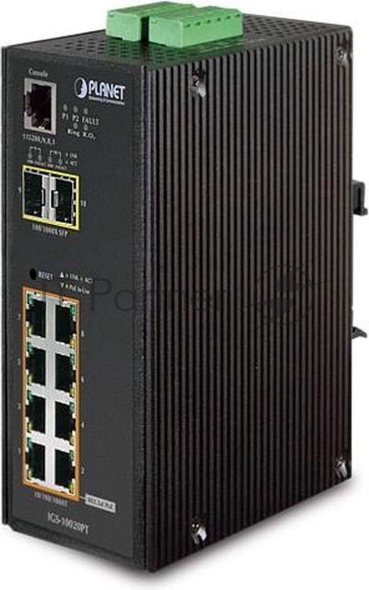 Коммутатор индустриальный PoE IGS-10020PT для монтажа в DIN-рейку IP30 L2+ SNMP Manageable 8-Port Gigabit POE(Af) Switch + 2-Port Gigabit SFP Industrial Switch (-40 to 75 C), ERPS Ring Supported, 1588