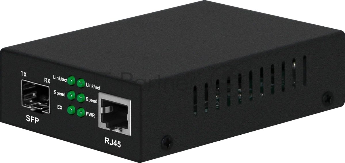 Медиаконвертер Gigabit Ethernet, SFP 1000Мбит/c, RJ45 10/100/1000Мбит/c, поддержка LFP. Металлический корпус. БП DC12V(1A) в комплекте. Размеры (ШхВхГ): 70x25x95мм. Вес: 0,2кг. Рабочая температура: -10…+55°С. Совместим с шасси NS-MCB-14.