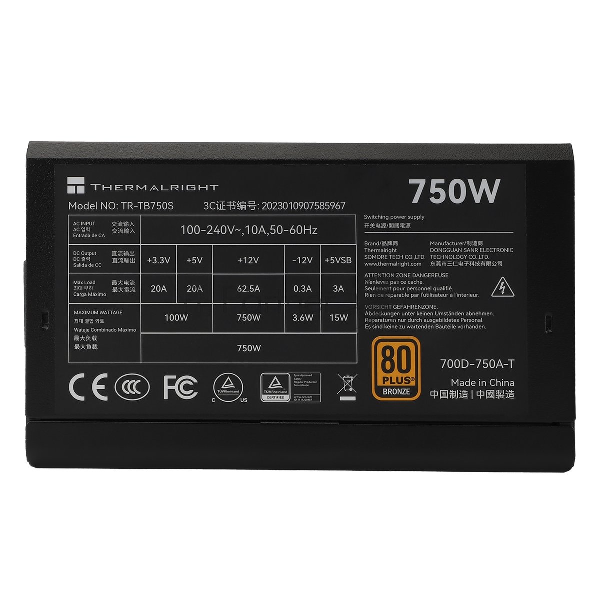 Блок питания Thermalright TR-TB750S, 750Вт, 80+ Bronze, 120мм, немодульный, черный