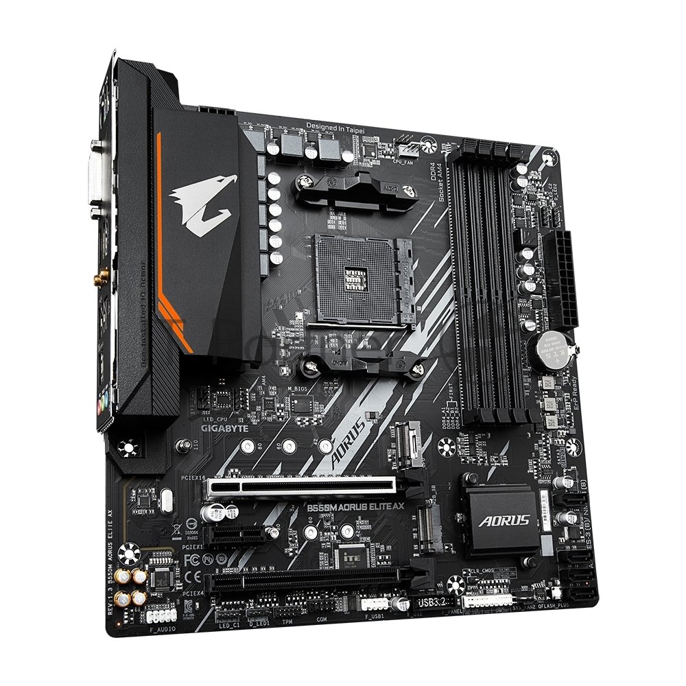 Материнская плата GIGABYTE B550M AORUS ELITE AX, AM4, AMD B550, 4xDDR4, 4xSATA, 2xM.2, 1xPCIe 4.0 x16, DVI-D, HDMI, 1x1Gb LAN, 3x3.5 мм, 7.1, microATX