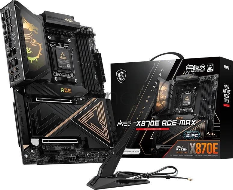 Материнская плата MSI MEG X870E ACE MAX, AM5, AMD X870E, 4xDDR5 (до 256 ГБ), 4xSATA, 5xM.2 (2xPCIe 5.0, 3xPCIe 4.0), 2xPCIe 5.0 x16, 1xPCIe x4, 1xHDMI, 1x5Gb LAN, 1x10Gb LAN, Wi-Fi 7, Bluetooth 5.4, 2xUSB-C 40Gbps (USB4), 2xUSB-C 20Gbps, 2xUSB-A 10Gbps, 7xUSB-A 5Gbps, 3x3.5 мм + S/PDIF оптический, 7.1, чёрный, с подсветкой, ATX