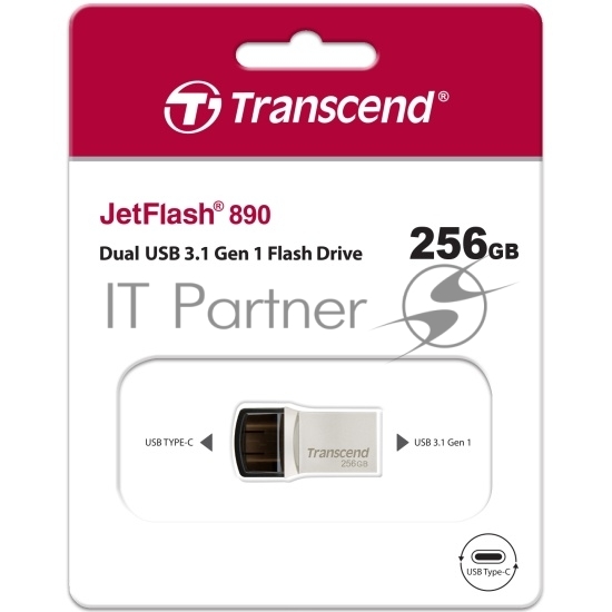 Флешка USB Transcend JetFlash 890S (TS256GJF890S), 256Gb, USB 3.1/Type-C, R/W 70/25, серый