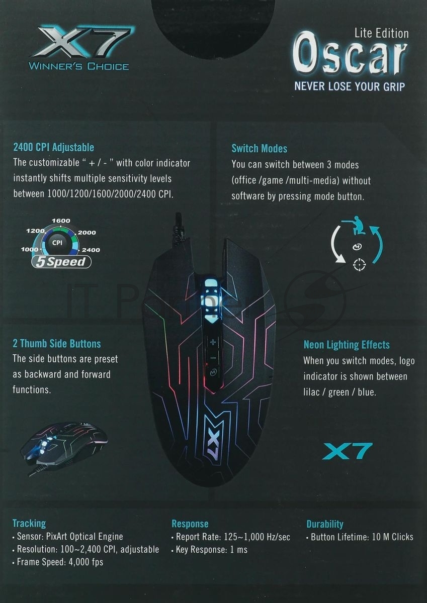 Мышь проводная A4Tech X77 черный, 2400 dpi, USB, кнопки - 8