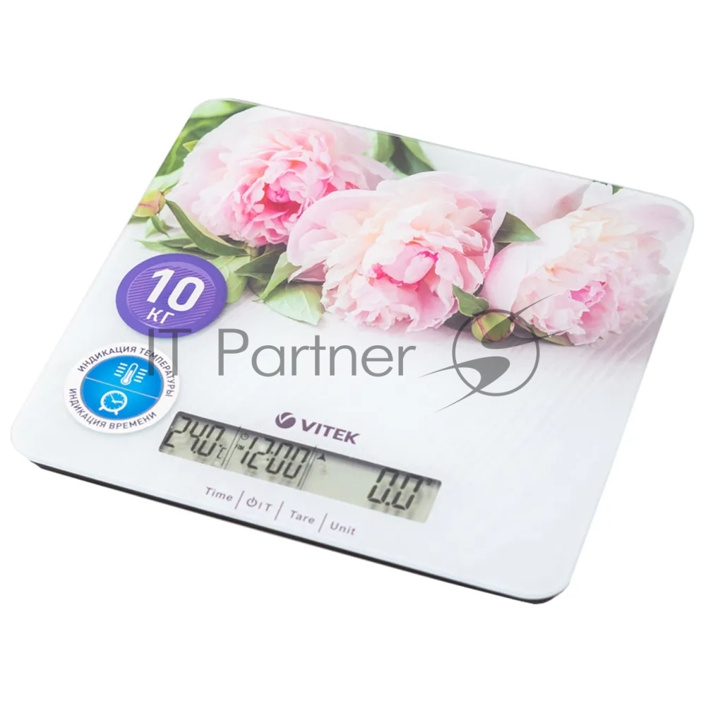 Весы кухонные Vitek VT-2414 (MC) цветы 1. Максимальный вес 10 кг, 2. Цена деления 1 г 3. Размер LCD дисплея 95х18 мм