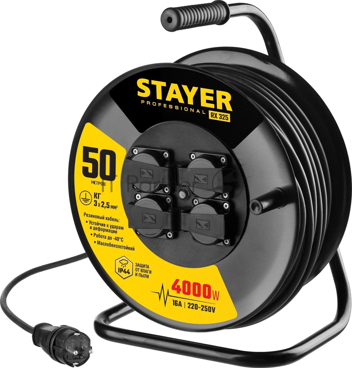 Удлинитель силовой Stayer 55076-50 3x2.5кв.мм 4розет. 50м КГ катушка черный