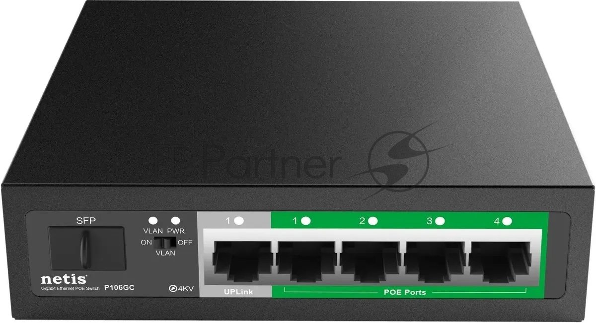 Коммутатор Netis P106GC, 4×1 Гбит/с PoE + 1×1 Гбит/с + 1×1 Гбит/с SFP, неуправляемый