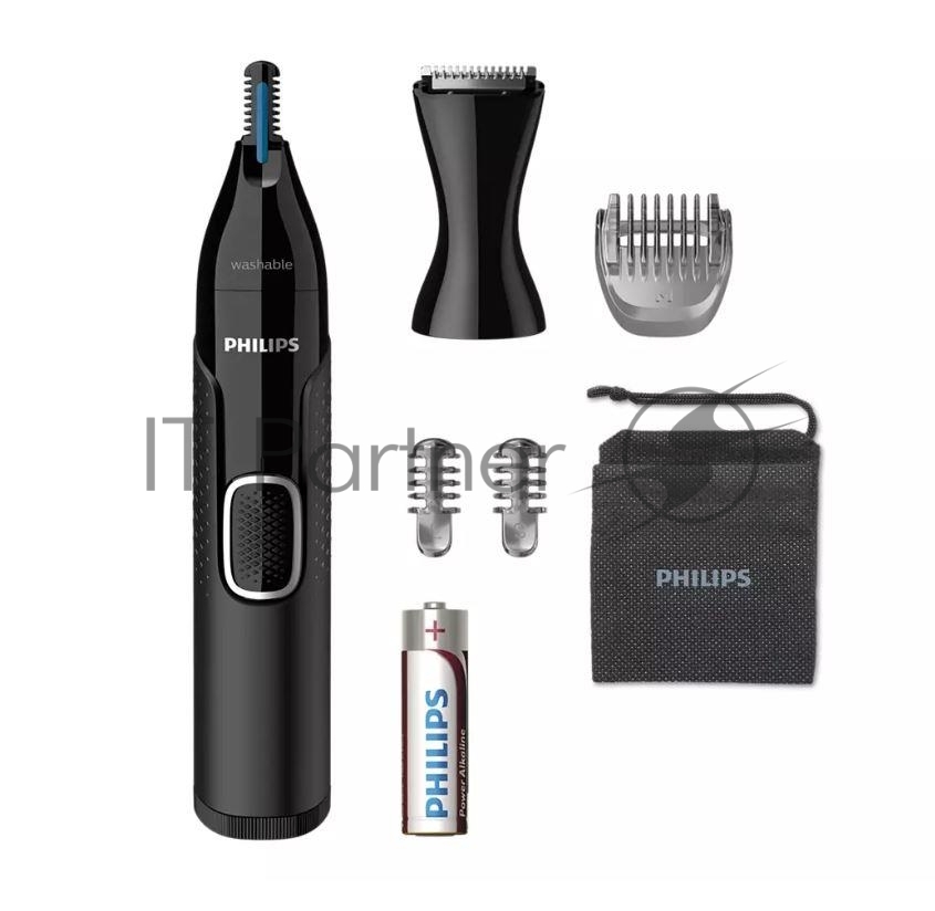 Триммер Philips для носа и ушей, черный, корпус - пластик, 3 насадки-гребня, насадка - триммер, щеточка для очистки, мягкий чехол, батарейка