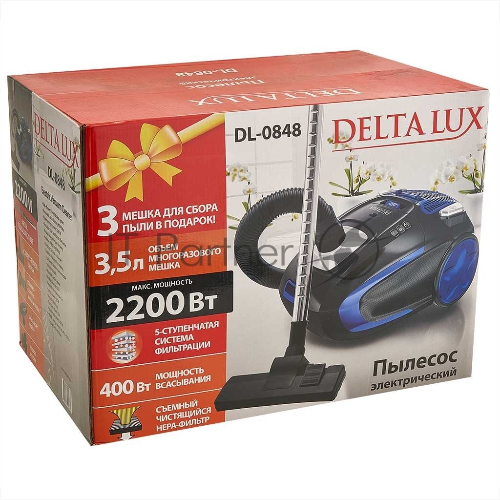 Пылесос Delta LUX DL-0848 черный/синий, 400/2200 Вт, уборка сухая, пылесборник мешок 3,5 л