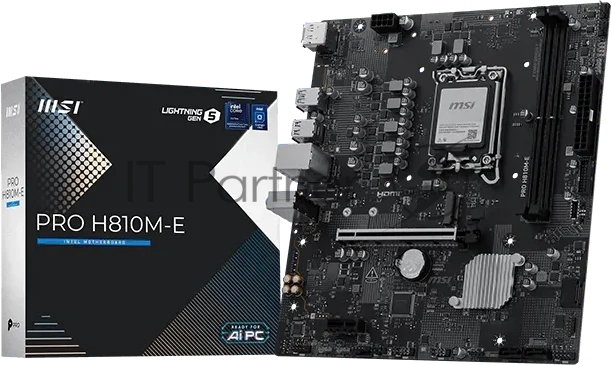 Материнская плата MSI PRO H810M-E, LGA 1851, Intel H810, 2xDDR5 (до 128 ГБ), 4xSATA, 1xM.2 (PCIe 4.0 x4), 1xPCIe 5.0 x16, 1xPCIe x1, 1xHDMI, 1xDP, 1x2.5Gb LAN, 2xUSB-A 5Gbps, 4xUSB-A 2.0, 3x3.5 мм, 7.1, чёрный, mATX