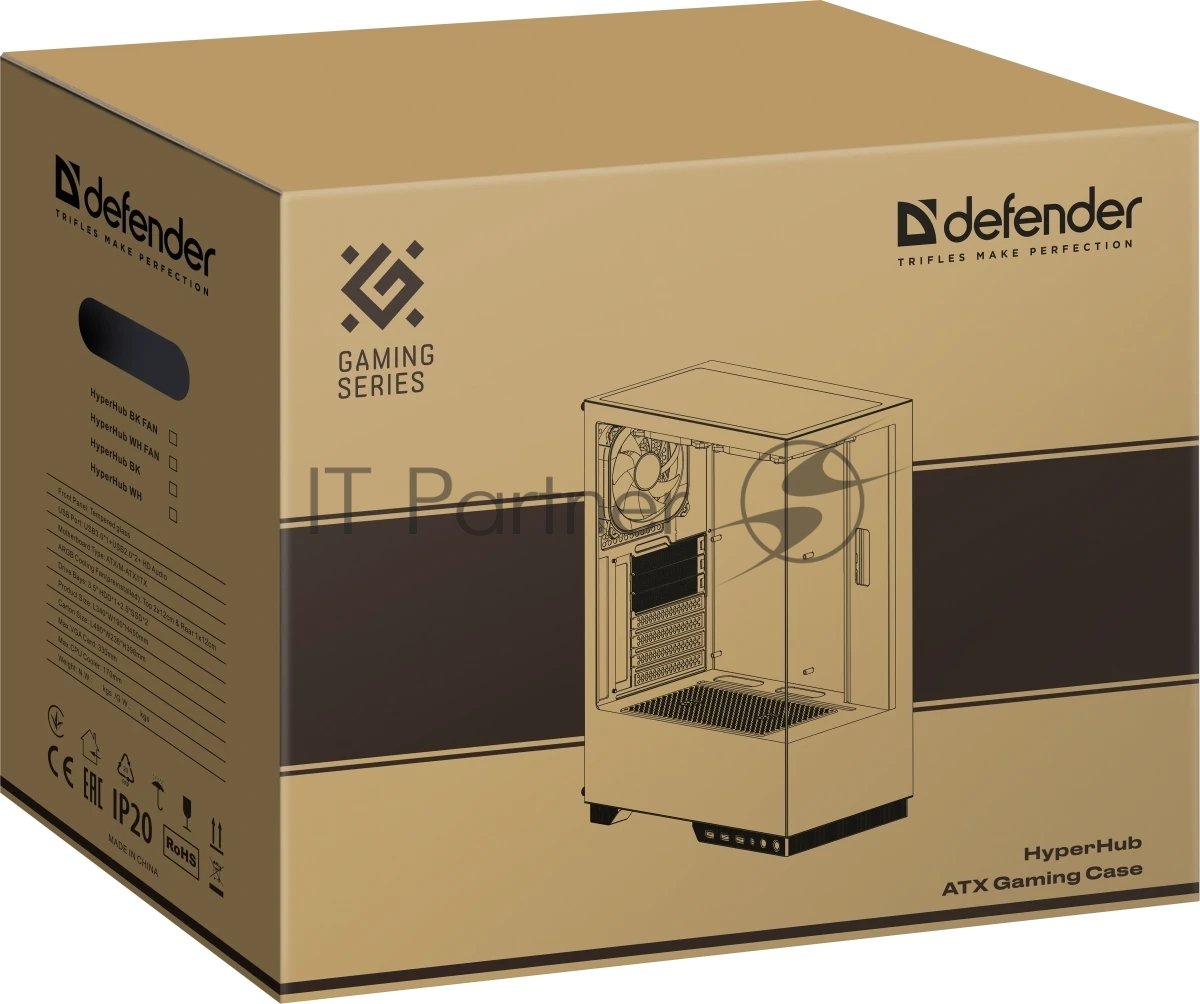 DEFENDER MIDITOWER HyperHub ATX Micro-ATX Mini-ITX W/O PSU 3х12см ARGB Fan USB3.0+2xUSB1.1+audio белый с окном 25133 DEFENDER