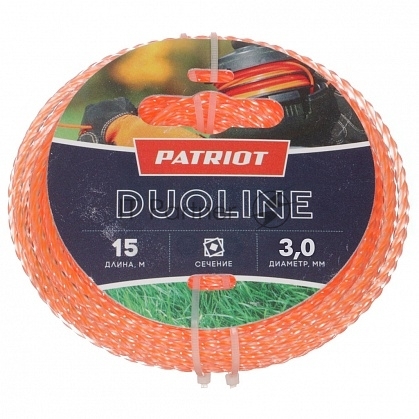 Леска для триммеров PATRIOT Duoline D 3,0мм L 15м скрученный квадрат, двухцветная, красная жила