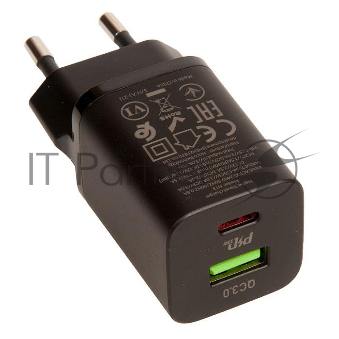 Сетевое зарядное устройство HOCO N13 Bright PD30W+QC3.0 два порта (1*USB-A, 1*Type-C), черный