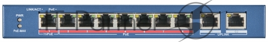 DS-3E0310P-E/M - Коммутатор, Hikvision, DS-3E0310P-E/M, Неуправляемый, 8 x 10/100 Mbps, РоЕ 802.3af/at 60W, 2 x Gigabit RJ45, Настольный, Long Range Ports 1 to 8: up to 300 m.