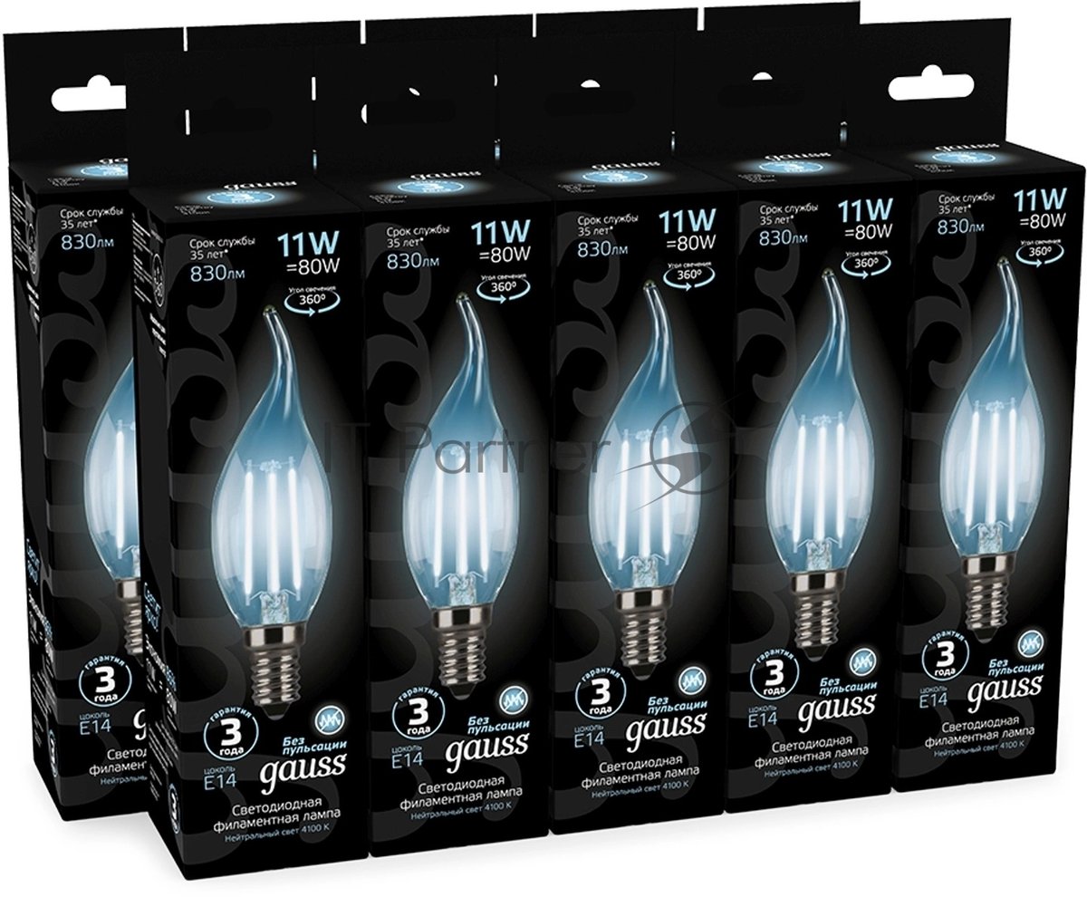 Лампа светодиодная филаментная Gauss Filament 11Вт цок.:E14 свеча 220B св.свеч.бел.нейт. CF35 (упак.:10шт)