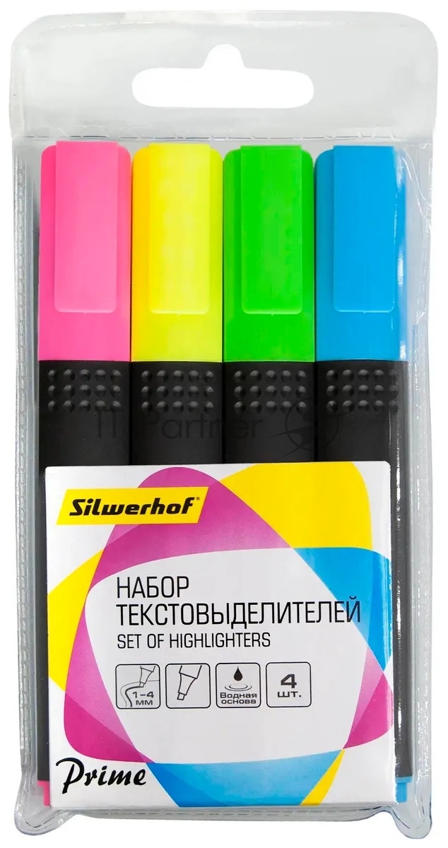Набор текстовыделителей Silwerhof Prime+, скошенный пишущий наконечник, 1-4мм, 4 цвета, ассорти/голубой пакет с европодвесом (4шт.)
