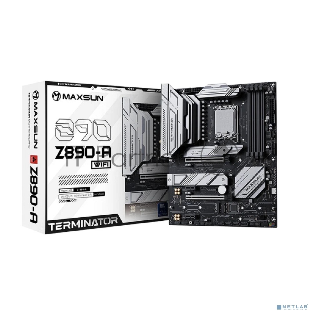 Материнская плата Maxsun Terminator Z890-A, LGA1851, Intel Z890, 4xDDR5, 4xSATA, 4xM.2, 1xPCIe 5.0 x16, 1xPCIe 4.0 x4, 2xPCIe 4.0 x1, 1xDP, 1xHDMI, 1x2.5Gb LAN, Wi-Fi 6, Bluetooth 5.2, 1xUSB-C 40Gbps, 1xUSB-C 20Gbps, 4xUSB-A 5Gbps, 2xUSB-A 10Gbps, 2xUSB-A 2.0, 3x3.5 мм, 7.1, ATX