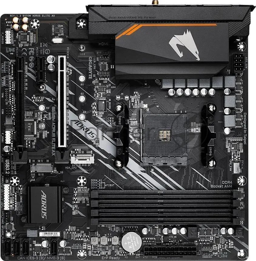 Материнская плата GIGABYTE B550M AORUS ELITE AX, AM4, AMD B550, 4xDDR4, 4xSATA, 2xM.2, 1xPCIe 4.0 x16, DVI-D, HDMI, 1x1Gb LAN, 3x3.5 мм, 7.1, microATX