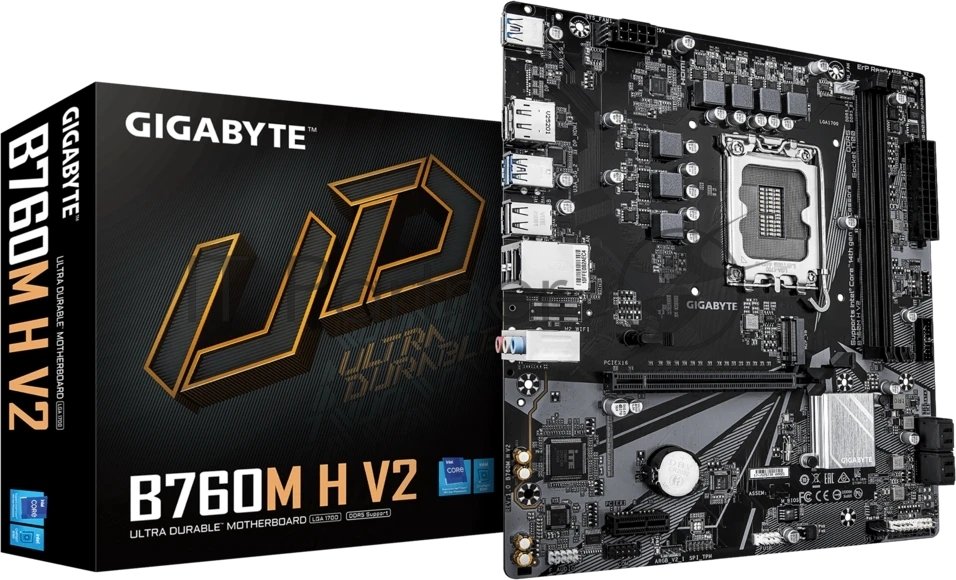 Материнская плата Gigabyte B760M H V2, LGA1700, Intel®B760, 2xDDR5-4800, HDMI+DP, 1xPCI-Ex16, 1xPCI-Ex1, 4xSATA3(RAID 0/1/5/10), 1xM.2, 8Ch Audio, GLan, (4+2)xUSB2.0, (3+2)xUSB3.2, (0+1)xUSB3.2 Type-C™, mATX, RTL bp (B760M H V2 плохая упаковка)
