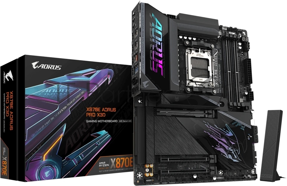 Материнская плата Gigabyte X870E AORUS PRO X3D, AM5, AMD X870E, 4xDDR5, 4xSATA, 4xM.2, 1xPCIe 5.0 x16, 1xPCIe 4.0 x16, 1xPCIe 3.0 x16, 1xHDMI, 1x5Gb LAN, Wi-Fi 7, Bluetooth 5.4, 2xUSB-C 40Gbps (USB4), 2xUSB-C 10Gbps, 5xUSB-A 10Gbps, 3xUSB-A 5Gbps, 3x3.5 мм + S/PDIF оптический, 7.1, чёрный, ATX