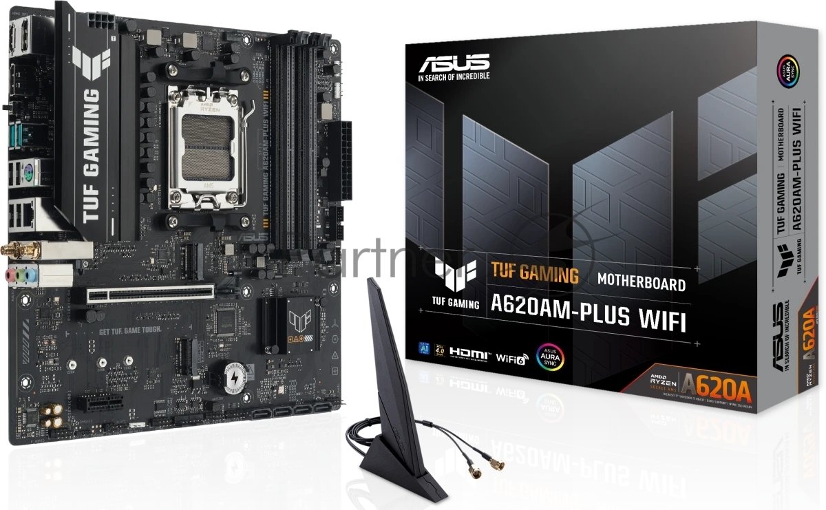Материнская плата ASUS TUF GAMING A620M-A PLUS WIFI, AM5, AMD A620A, 4xDDR5, 4xSATA, 2xM.2, 1xPCIe 4.0 x16, 1xPCIe 3.0 x1, 1xHDMI, 2xDP, 1x2.5Gb LAN, Wi-Fi 6, Bluetooth 5.3, 2xUSB-A 10Gbps, 4xUSB-A 2.0, 3x3.5 мм, 7.1, mATX