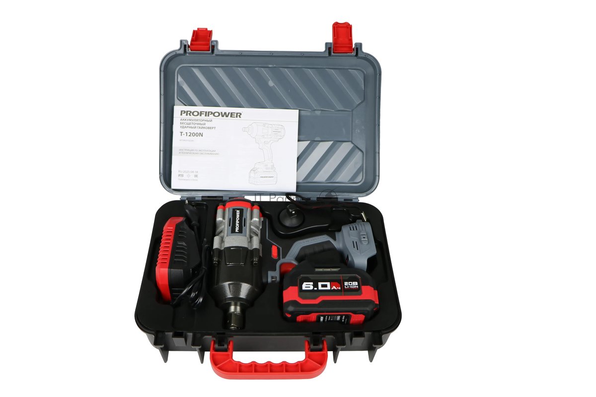 Аккумуляторный бесщеточный ударный гайковерт ProfiPower T-1200N (18В,Li-ion-1шт, 6.0А·ч, 1200Нм, переходник 3/4"-1/2", З/У, в кейсе) E0244