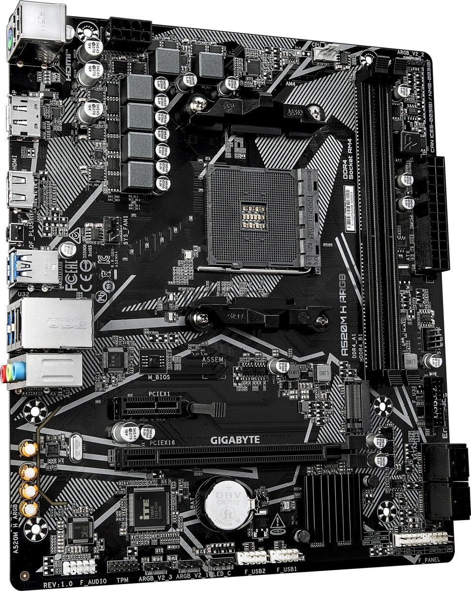 Материнская плата Gigabyte A520M H ARGB, AM4, AMD A520, 2xDDR4, 4xSATA, 1xM.2, 1xPCIe 3.0 x16, 1xPCIe x1, 1xHDMI, 1xDP, 1x1Gb LAN, 4xUSB-A 5Gbps, 2xUSB-A 2.0, 1xPS/2, 3x3.5 мм, 7.1, mATX