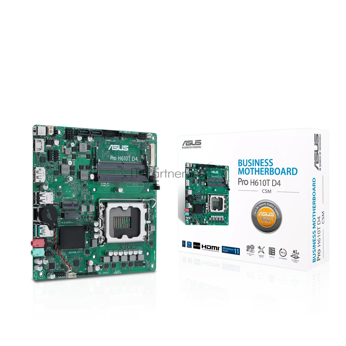 Материнская плата ASUS Pro H610T D4-CSM, LGA 1700, Intel H610, 2xSO-DIMM DDR4, 2xSATA, 1xM.2 (PCIe 4.0 x4/SATA), 1xHDMI, 1xDP, 1x 1Gb LAN, 2xUSB-A 3.2 Gen 1, 2xUSB-A 2.0, 2x3.5 мм, 7.1, Mini-ITX
