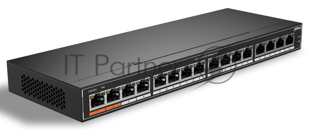 Коммутатор гигабитный 16-портовый неуправляемый Dahua DH-SG1016Pc PoE, 16xRJ45 1Gb PoE, суммарно 190Вт, коммутация 32 Гбит/с, MAC-таблица 8К, металл