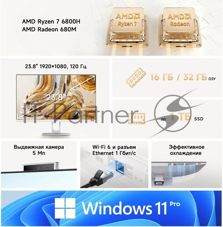 Моноблок Acer Gadget E10 ERAIO 23.8" Full HD Ryzen 7 6800H (3.2) 16Gb SSD512Gb 680M Windows 11 Pro GbitEth WiFi BT 120W клавиатура мышь Cam белый/серебристый 1920x1080