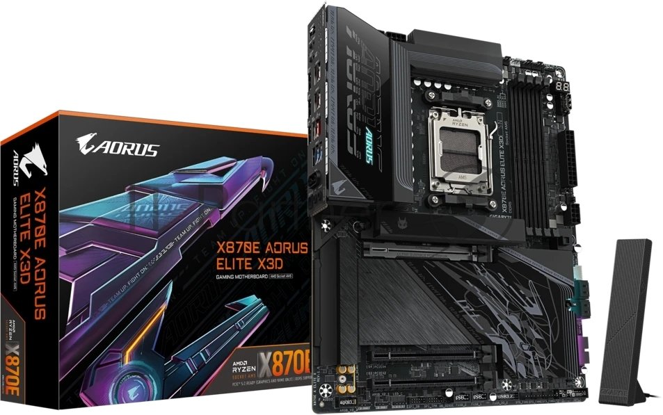 Материнская плата Gigabyte X870E AORUS ELITE X3D, AM5, AMD X870E, 4xDDR5, 4xSATA, 4xM.2, 1xPCIe 5.0 x16, 1xPCIe 4.0 x16, 1xPCIe 3.0 x16, 1xHDMI, 1x5Gb LAN, Wi-Fi 7, Bluetooth 5.4, 2xUSB-C 40Gbps (USB4), 1xUSB-C 10Gbps, 5xUSB-A 10Gbps, 3xUSB-A 5Gbps, 3x3.5 мм + S/PDIF оптический, 7.1, ATX