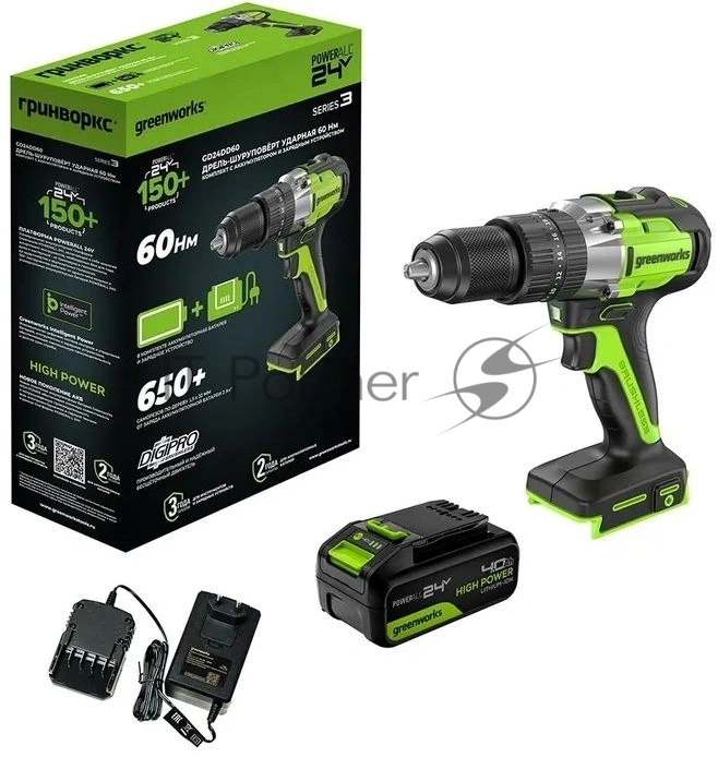 Дрель-шуруповерт GREENWORKS GD24DD60, 24 В, 0 Ач, 60 Нм, бесщеточный, ударный