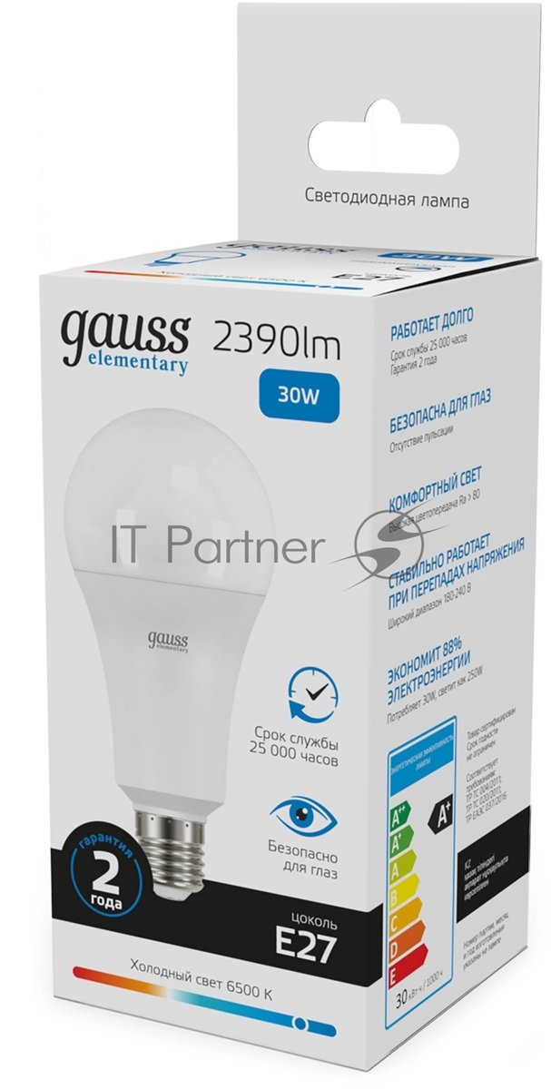 Лампа светодиодная Gauss Elementary A67 30Вт цок.:E27 груша 220B св.свеч.бел.хол. (упак.:10шт) (73239)