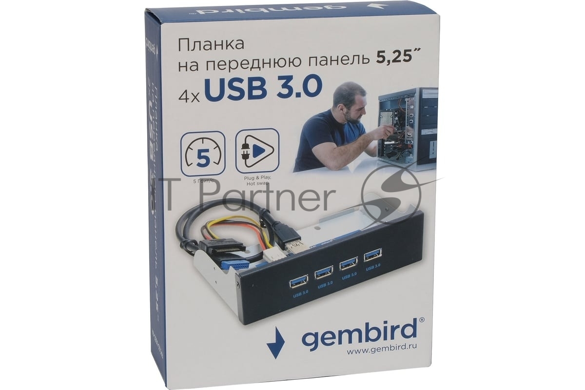 Планка USB 3.0 на переднюю панель 5.25" Gembird FP5.25-USB3-4A, 4xUSB-A 3.0, USB