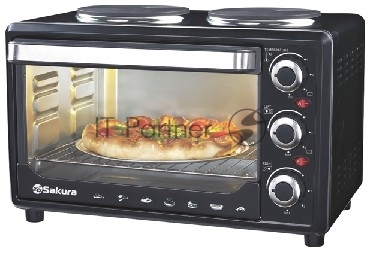 Мини-печь Sakura SA-7002HBK 48л, 3600Вт, духовка 2000Вт, конфорки 185мм+155мм (1000Вт+600Вт), механ.управление, 3 режима работы духовки (верх, низ, верх+низ), раздельная регулировка температуры духовки и конфорок, комплектация - металлическая решетка, противень и ухват. чёрны