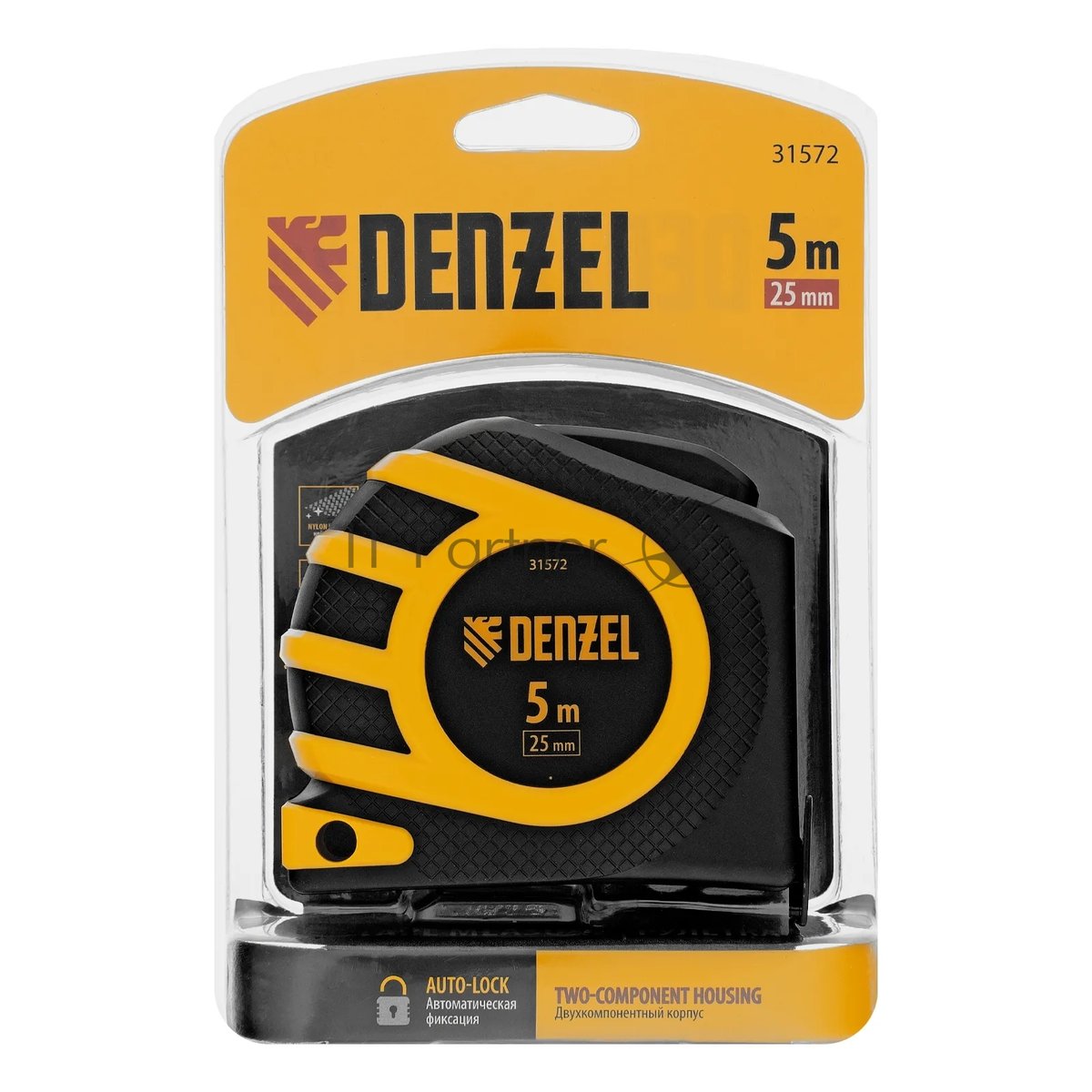 Рулетка Denzel 5м x 25 мм, магнит, двухсторонний зацеп, нейлон, двуст. шкала, автоматич. 31572