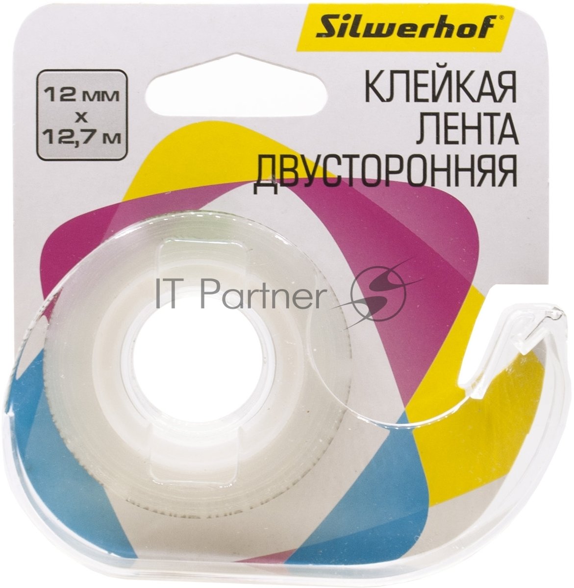 Клейкая лента двухсторонняя Silwerhof прозрачная, ширина 12мм, длина 12.7м полипропилен на диспенсере