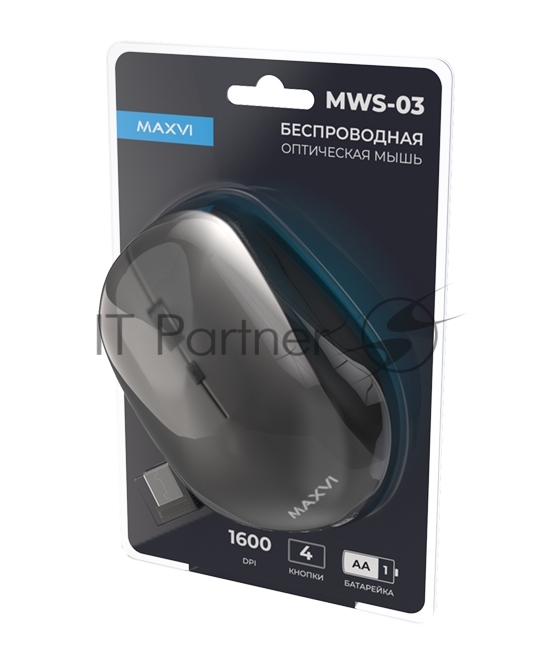 Мышь беспроводная Maxvi MWS-03 черный, 4 кнопки, 1600 dpi