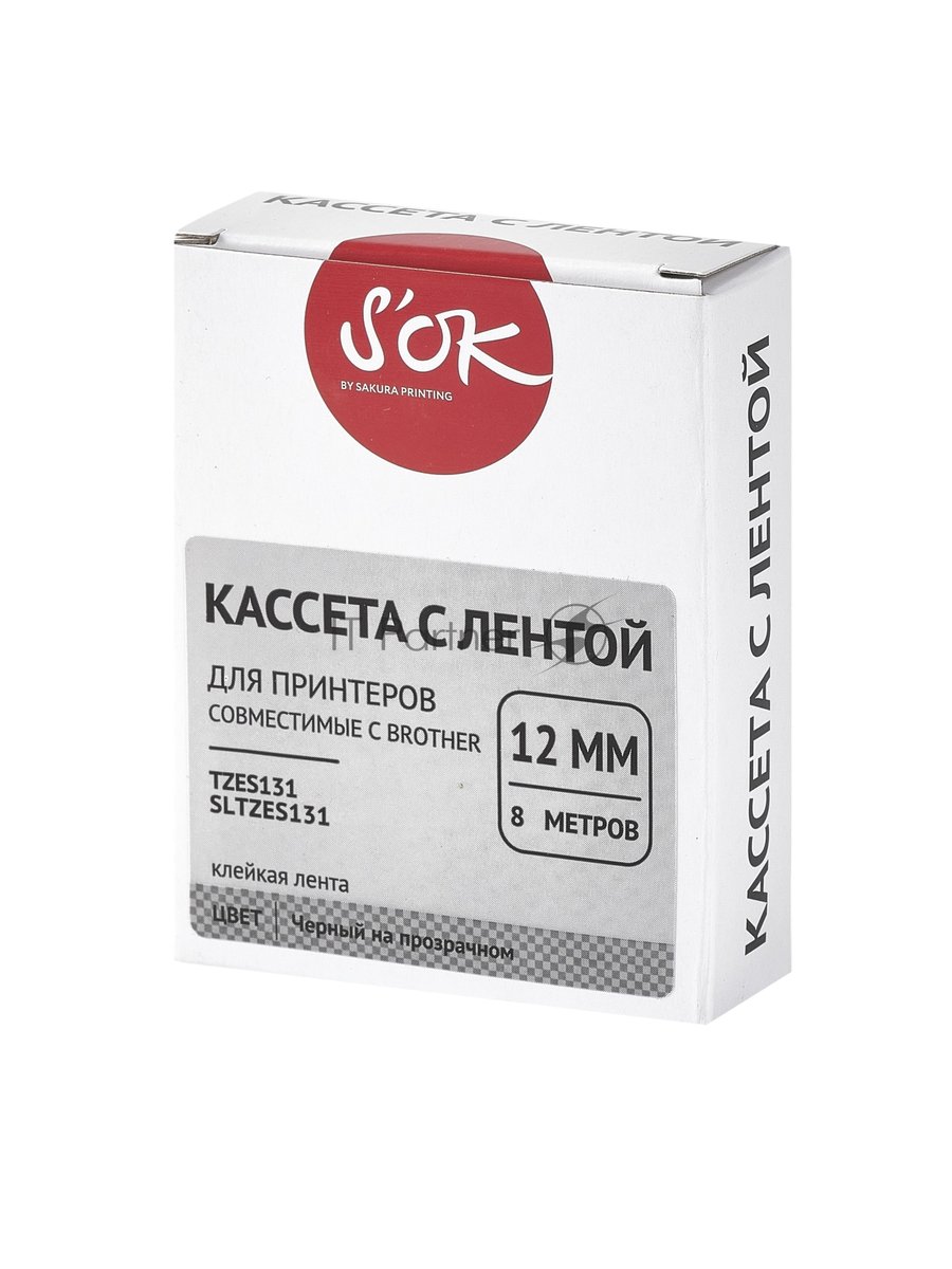 Кассета с лентой S'OK by Sakura Printing TZES131 для Brother, черный на прозрачном, 12мм/8м, наклейка
