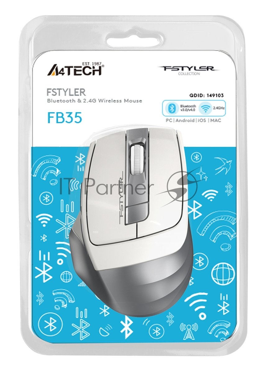 Мышь беспроводная A4Tech Fstyler FB35 белый/серый, 2000 dpi, радиоканал, Bluetooth, USB, кнопки - 6