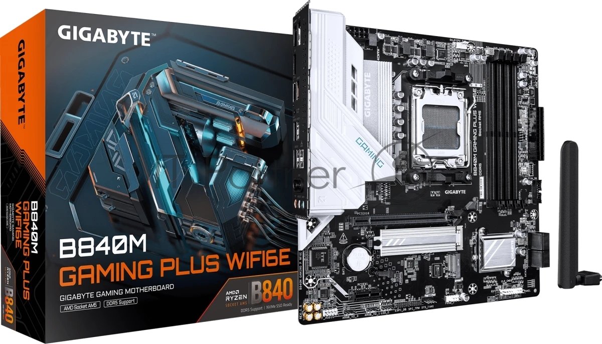 Материнская плата Gigabyte B840M GAMING PLUS WIFI6E, AM5, AMD B840, 4xDDR5, 4xSATA, 2xM.2, 1xPCIe 4.0 x16, 1xPCIe x1, 1xHDMI, 2xDP, 1x1Gb LAN, Wi-Fi 6E, Bluetooth 5.3, 1xUSB-C 10Gbps, 1xUSB-C 5Gbps, 1xUSB-A 10Gbps, 1xUSB-A 5Gbps, 3xUSB-A 2.0, 3x3.5 мм, 7.1, mATX