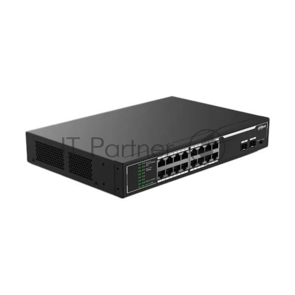 DAHUA DH-SF1018LP 18-портовый неуправляемый коммутатор с РоЕ, 16xRJ45 100Mb PoE, 2xRJ45 1Gb, суммарно 135Вт, коммутация 7.2 Гбит/с, MAC-таблица 8К, металл