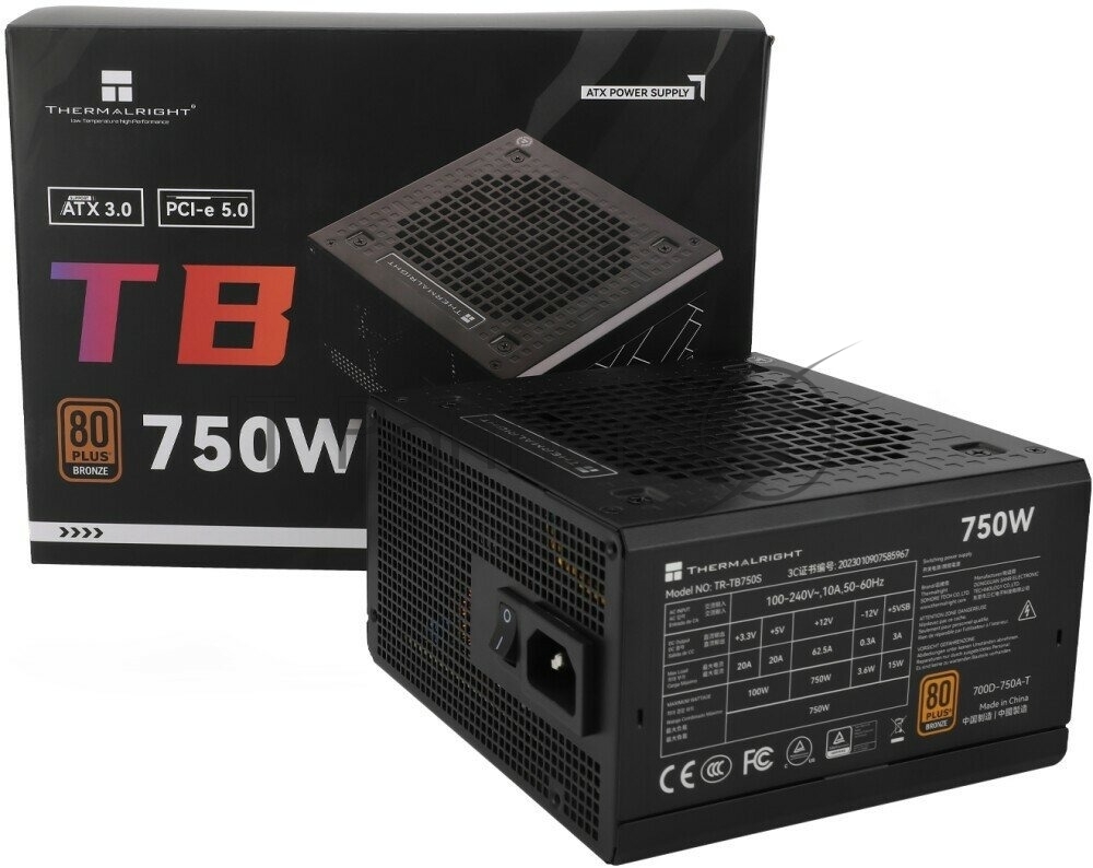 Блок питания Thermalright TR-TB750S, 750Вт, 80+ Bronze, 120мм, немодульный, черный
