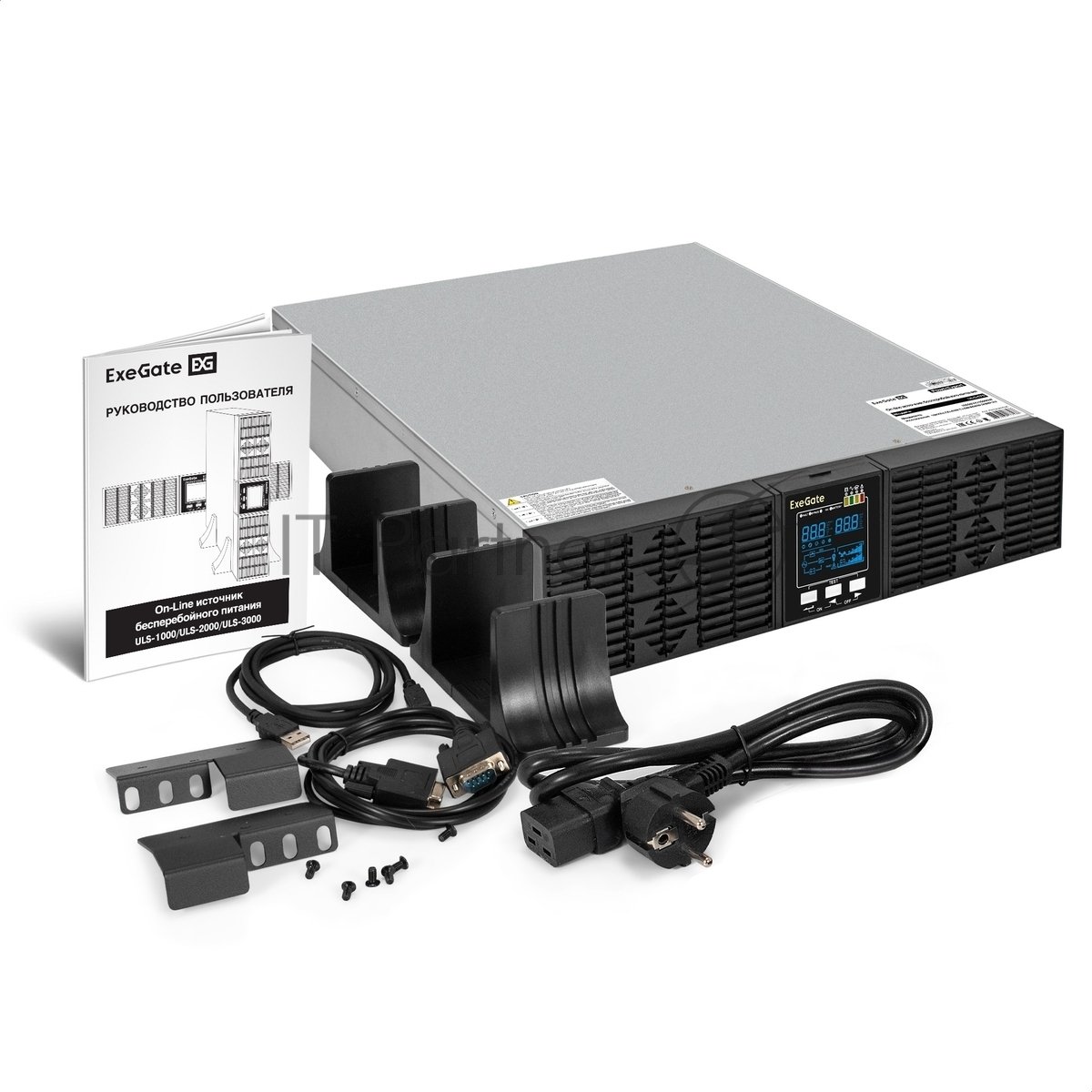 Источник бесперебойного питания On-line ExeGate PowerExpert ULS-2000.LCD.AVR.6C13.USB.RS232.SNMP.BC.2U 2000VA/2000W, On-Line, PF=1, LCD, 6*C13, RS232, USB, SNMP-slot, встроенные батареи 12V 7.2Ah - 6шт, батарейный коннектор, подключение до 4 внешних батарейных блоков 72В, Rackmount 2U/Tower, металлический корпус, черный
