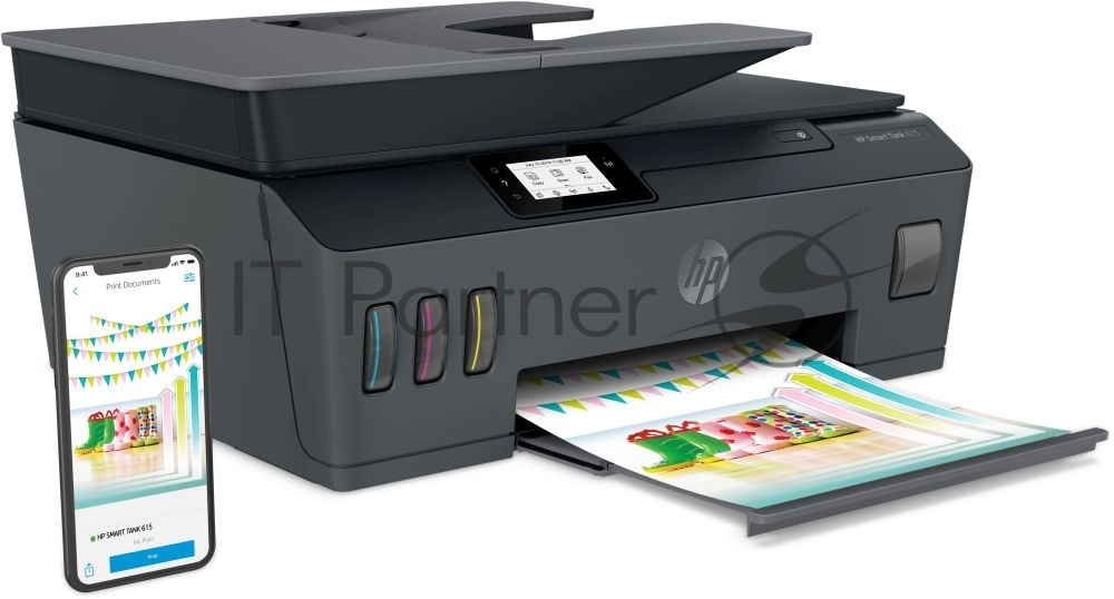 МФУ струйное HP Smart Tank 615 AiO (Y0F71A), A4, цветной, печ. до 22 стр/мин. (ч/б) до 16 стр/мин. (цвет), скан. до 5 стр/мин. (ч/б) 3 стр/мин. (цвет), 1200 x 1200 dpi (ч/б печать, скан.) 1200 x 4800 dpi (печать цвет), USB, Wi-Fi, BlueTooth, Air Print, Mopria