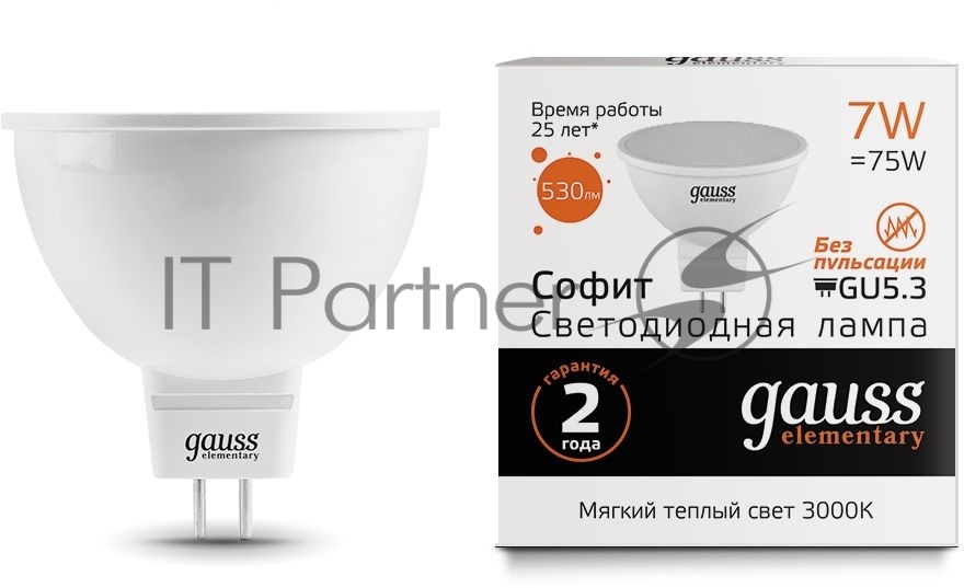 Лампа светодиодная Gauss Elementary MR16 7Вт цок.: GU5.3 спот 220B 3000K св. свеч. бел. теп. MR16 (упак.: 10 шт) (13517)