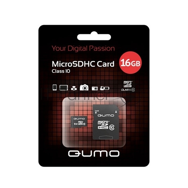 Флеш карта QUMO MicroSDHC 16Gb Сlass 10, адаптер в комплекте SD, черно-красная картонная упаковка