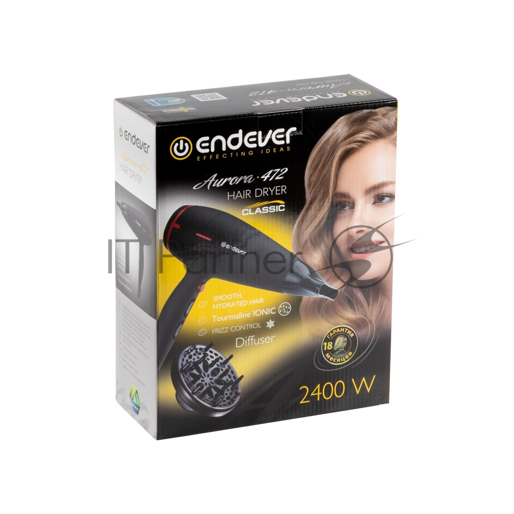 Фен Endever Aurora-472 черный, 2400 Вт, ионизация