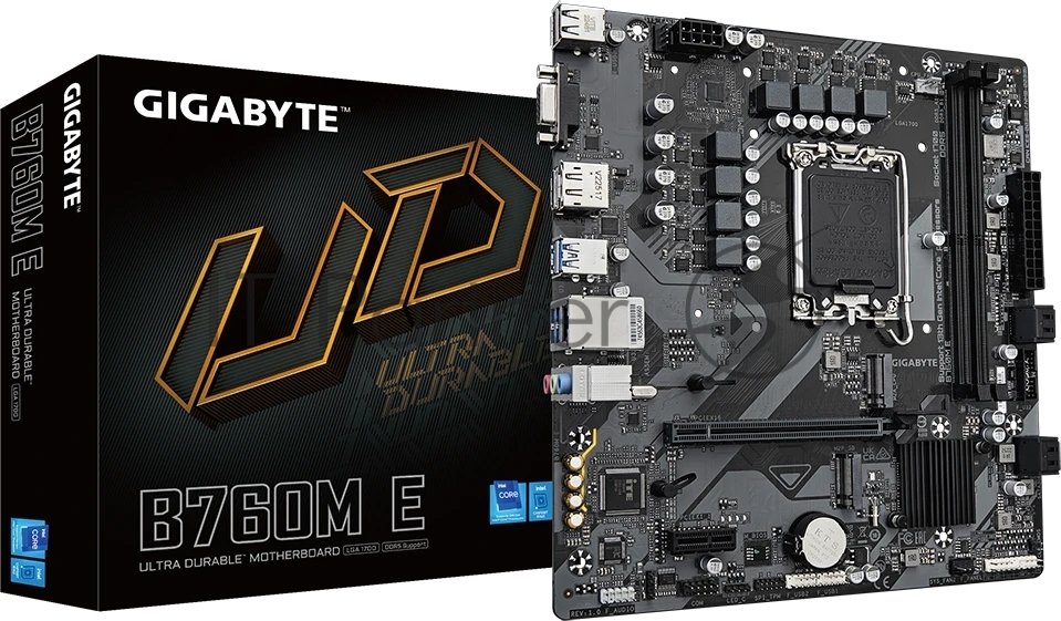 Материнская плата Gigabyte B760M E, LGA 1700, Intel B760, 2xDDR5, 4xSATA, 2xM.2, 1xPCIe 4.0 x16, 1xPCIe x1, 1xVGA, 1xHDMI, 1xDP, 1x1Gb LAN, 4xUSB-A 5Gbps, 2xUSB-A 2.0, 3x3.5 мм, 7.1, mATX