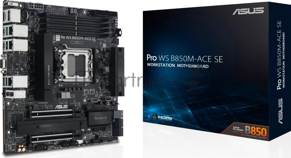 Материнская плата ASUS PRO WS B850M-ACE SE, AM5, AMD B850, 4xDDR5, 4xSATA, 2xM.2, 1xPCIe 5.0 x16, 1xPCIe 4.0 x16, 1xVGA, 1xHDMI, 1xDP, 1x2.5Gb LAN, 1x10Gb LAN, 2xUSB-C 10Gbps, 3xUSB-A 10Gbps, 2xUSB-A 2.0, 7.1, mATX